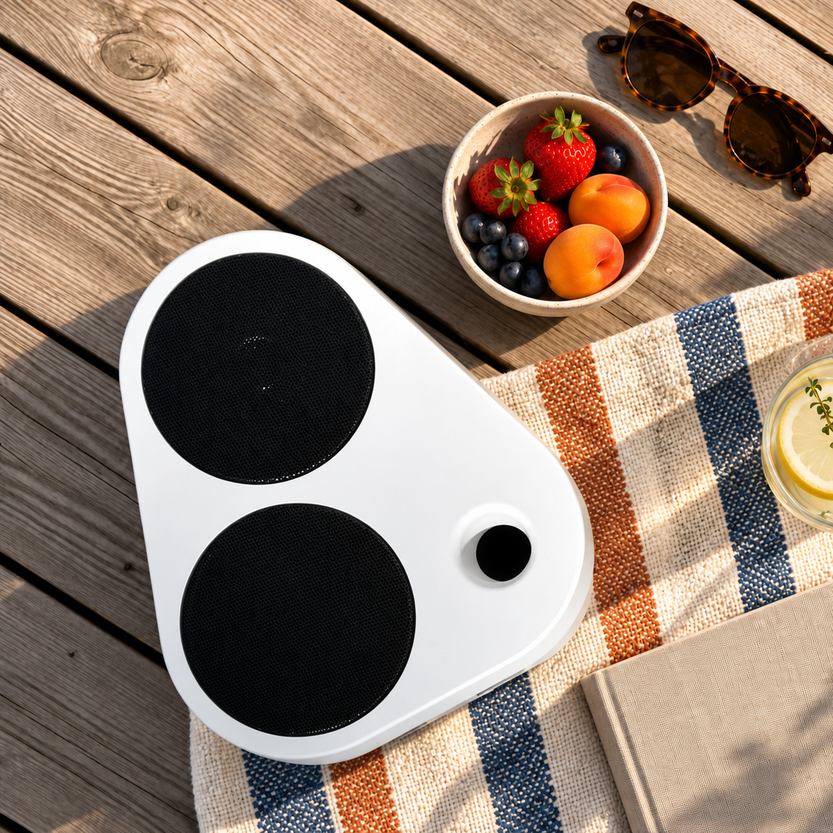 White ES2 on a garden table with fruit, sunglasses and a blanket #color_white